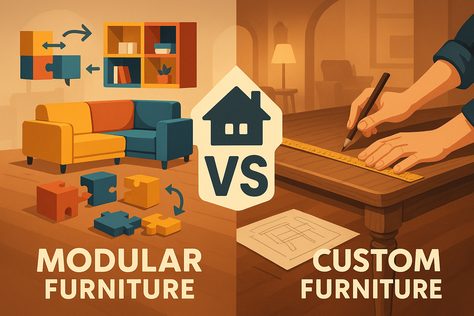 Side-by-side illustration of modular furniture with puzzle-like pieces and custom furniture being hand-measured and drawn, representing design flexibility vs personalization.