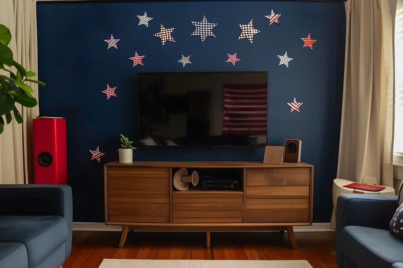 Floating TV ledge with hidden wiring in a compact living room