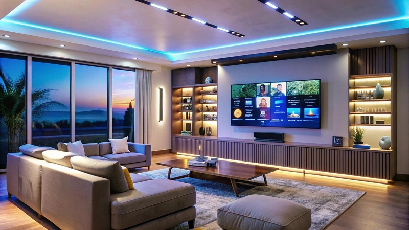 Floating TV unit with warm LED strip lighting underneath