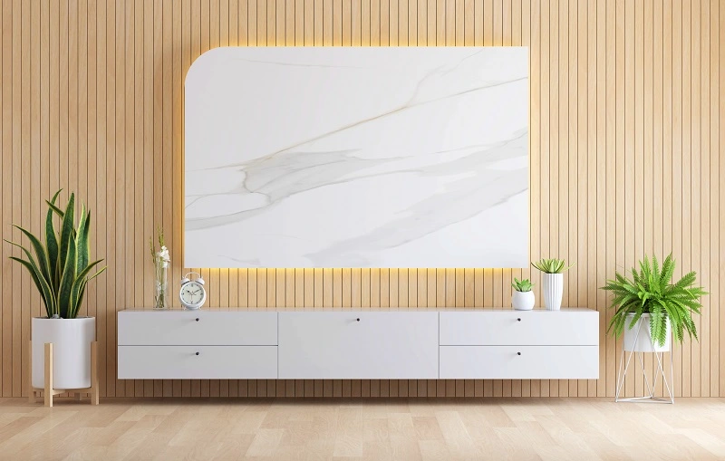 Fluted wooden TV panel with a slim console below
