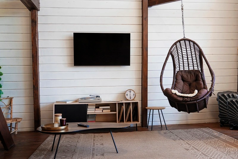 Full-length low TV console in a wide living room