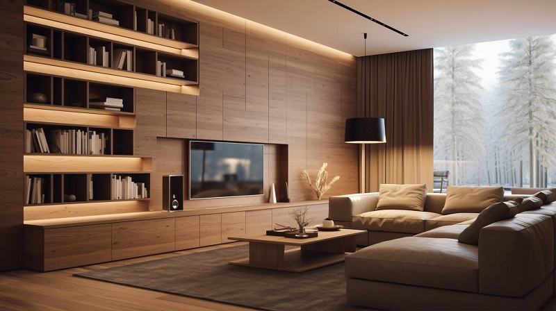 Full-wall TV cabinet with handle-less closed storage