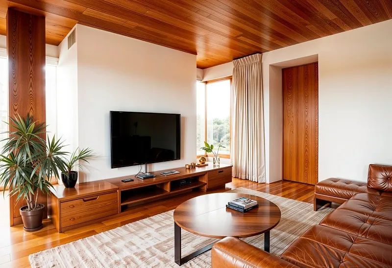 Low TV cabinet flanked by tall display towers