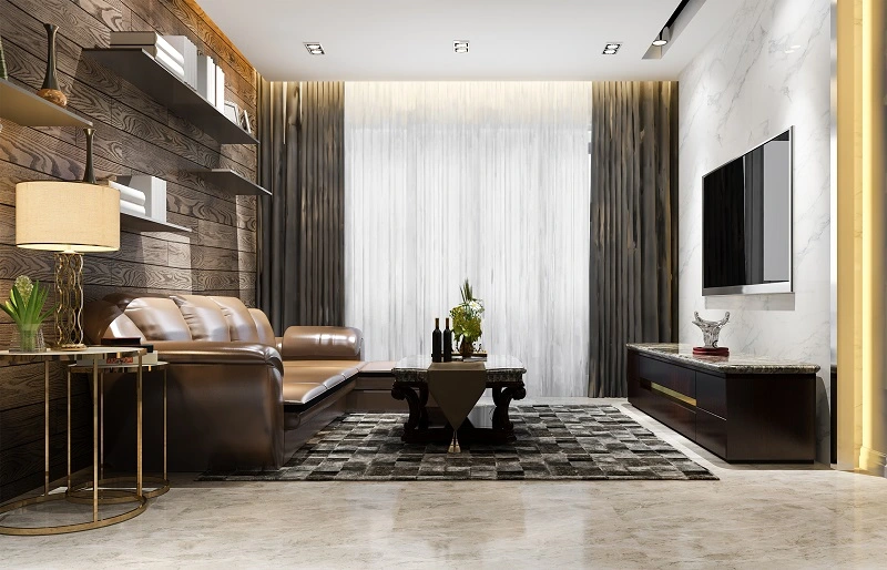 Microcement textured TV wall with a minimal floating ledge