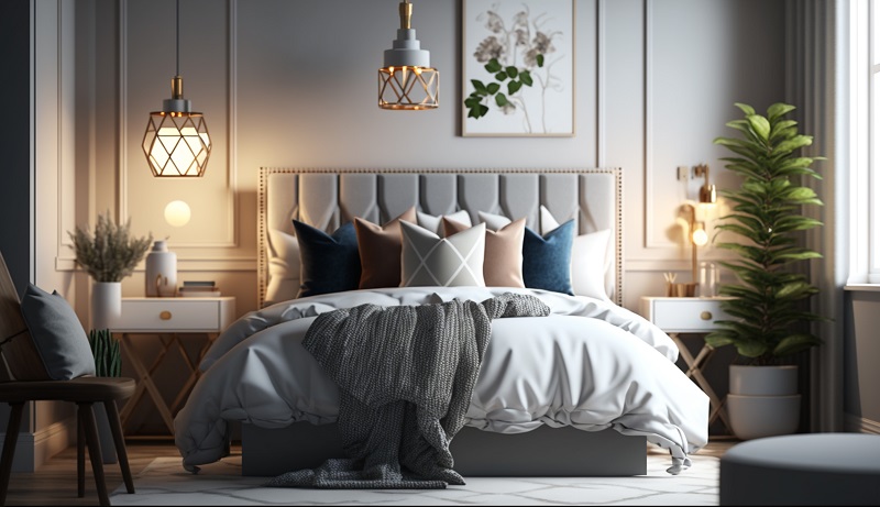 Modern bedroom wall design with fluted panels