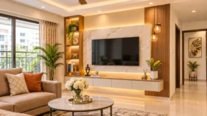 Modern main hall with a floating TV unit, fluted panel and warm cove lighting