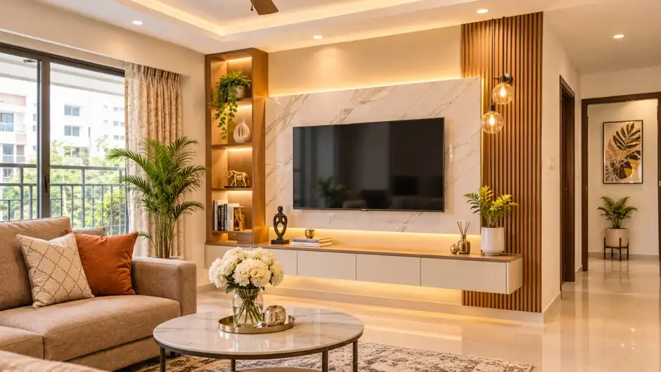 Modern main hall with a floating TV unit, fluted panel and warm cove lighting