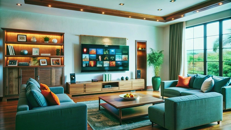 Partially backlit onyx-look panel beside a TV