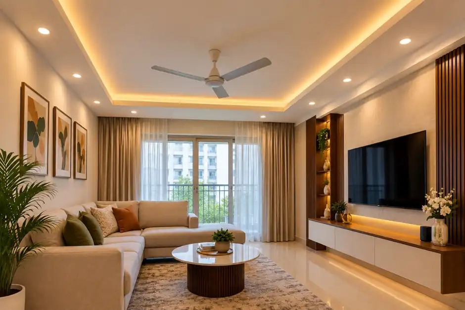 Peripheral false ceiling with downlights in a 2 BHK flat