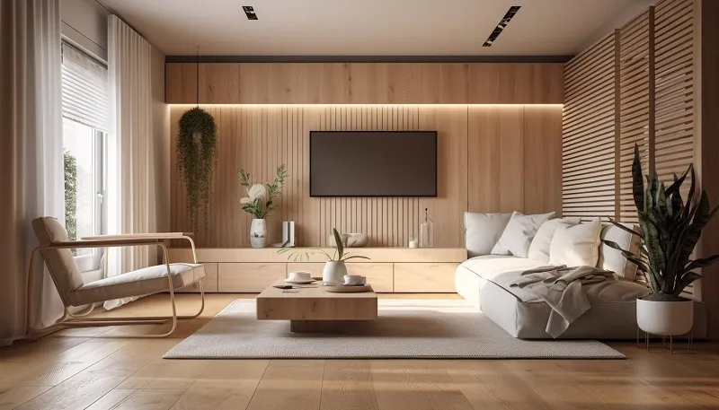TV unit surrounded by open bookshelves
