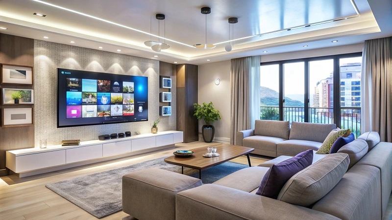 Wall-hung TV cabinet with slatted flap-down shutters