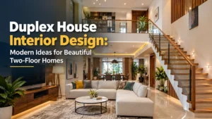 Modern duplex house interior design with coordinated living and staircase area