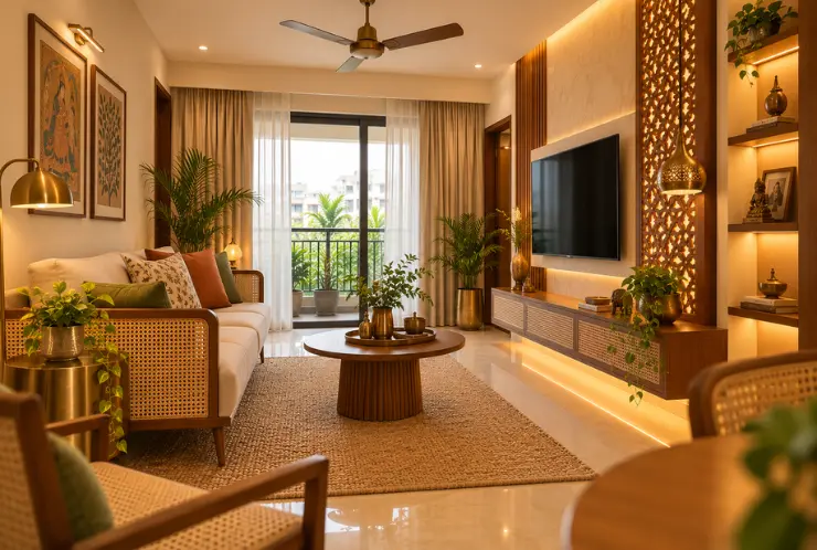 modern house hall interior design with jaali partition