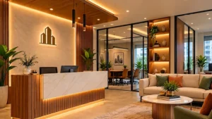 Modern real estate office interior design with a professional reception desk, consultation area and contemporary décor