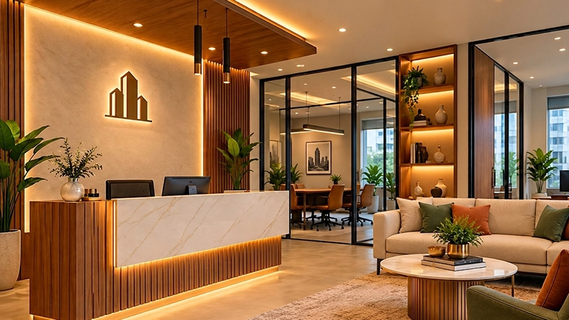 Modern real estate office interior design with a professional reception desk, consultation area and contemporary décor