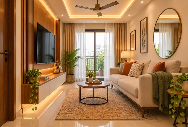 small house hall interior design with wall-mounted TV