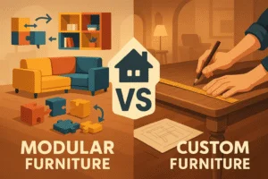 Side-by-side illustration of modular furniture with puzzle-like pieces and custom furniture being hand-measured and drawn, representing design flexibility vs personalization.